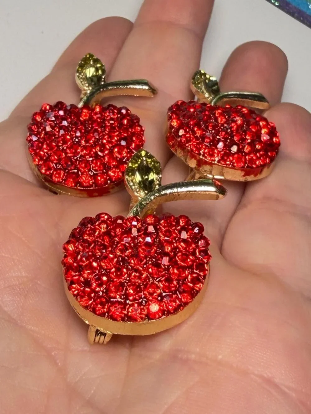 Apple Rhinestone Brooch Modern Pin Lot Gold Tone Fruit Set of 3